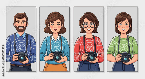 Four diverse individuals, each holding a photographic device, showcasing a variety of styles and appearances.