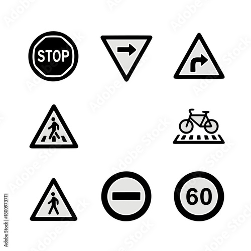 A collection of various road and traffic signs and symbols in simple black and white line art style, perfect for educational materials, maps, or safety related designs.	