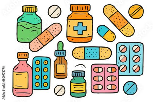 A vibrant and playful hand-drawn illustration featuring various medical supplies, including pills, bottles, bandages, and a dropper, all rendered in a charming doodle style. Perfect for healthcare