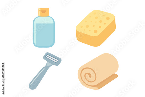 This captivating illustration showcases essential personal care items found in a bathroom setting, including a bottle, sponge, razor, and towel. Perfect for lifestyle, beauty, or hygiene related proje