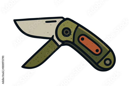 A colorful, eye catching cartoon style illustration of a folding pocket utility knife, perfect for representing outdoor activities, camping, hiking, and tools. The design features a detailed knife