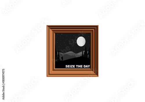 Wooden frame with monochrome night landscape poster of moonlit hills and trees, a lone figure, and the inspirational phrase “Seize the Day”.