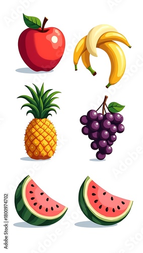 Bold bright vector clipart set of apple, banana, pineapple, grapes, watermelon; thick outlines; vivid colors; clean simple design.