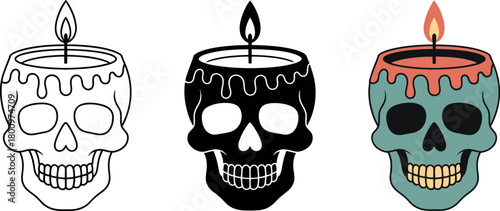 Set of Decorative Skull Candles for Halloween Illustration with Three Variations