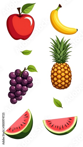 Bold bright vector clipart set of apple, banana, pineapple, grapes, watermelon; thick outlines; vivid colors; clean simple design.