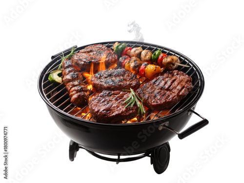 Juicy steaks and skewers cooking on a hot grill barbecue meat, Isolated, Png Transparent Background