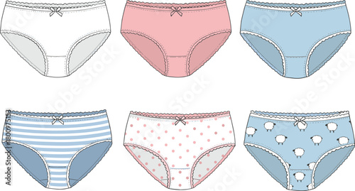 Girls pastel underwear panties set with cute patterns, fashion garment template, seamless textile design, kids clothing mockup, cad drawing flat vector illustration