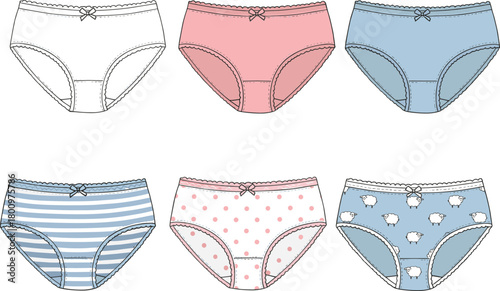 Girls underwear panties set in pastel colors, cute patterns, fashion garment design, seamless textile template, clothing mockup, cad drawing flat vector illustration