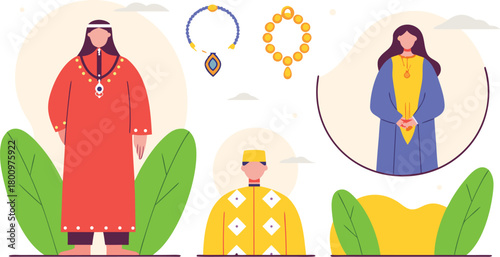 Traditional Omani Dress and Omani Jewelry – Cultural Illustration Set