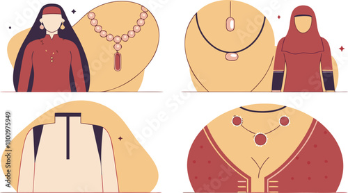 Traditional Omani Dress and Omani Jewelry – Cultural Illustration Set