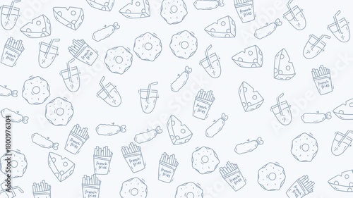 Doodle Assorted fast food line drawings in light blue. Perfect for menus, social media posts, and foodrelated designs. Deliciously modern.