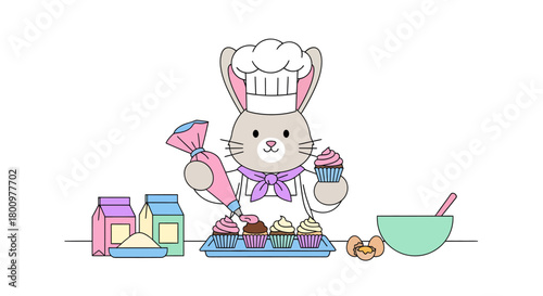 Adorable cartoon bunny chef expertly decorating delightful cupcakes with frosting, surrounded by baking ingredients for a sweet celebration.