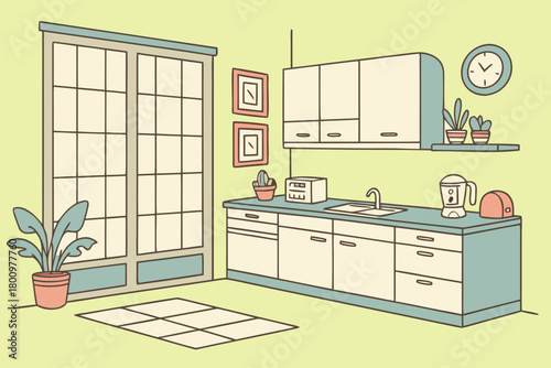 Minimalist kitchen interior with modern appliances and houseplants vector flat line illustration
