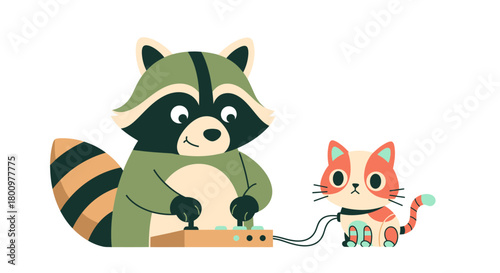 Playful raccoon and cute cat team up for an exciting gaming adventure together, creating joy and friendship