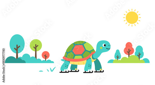 Adorable cartoon turtle skates joyfully through a sunny park with colorful trees and bright blue sky