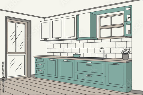 Modern kitchen interior line art vector illustration kitchen with window sink cabinets stove hood