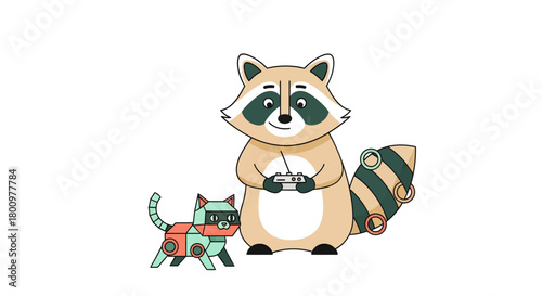 Charming raccoon plays video games with a geometric cat friend, perfect for playful and creative projects