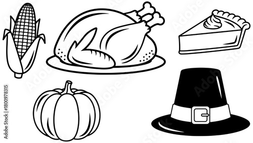 Thanksgiving dinner icons creating holiday cheer: turkey, pumpkin, corn, pie and pilgrim hat