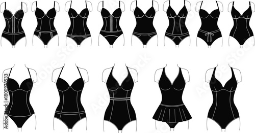 Black Silhouette Set of Diverse One-Piece Women's Swimwear Styles, Including Halter, Skirted, and Vintage Bathing Suits Vector.