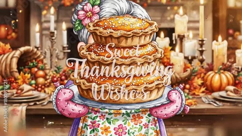 gentle cartoony watercolor of grandma carrying warm pumpkin pies through a luxuriously decorated home for sweet thanksgiving wishes greeting