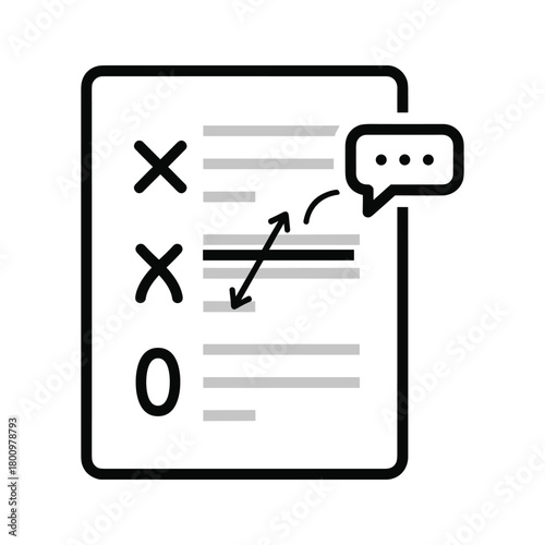 Document review feedback icon with checklist marks, text lines, speech bubble, and arrows for process communication.
