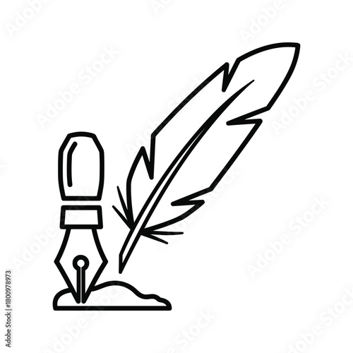 Vintage feather quill pen and inkwell illustration. outline icon for writing, history, education, and creative content