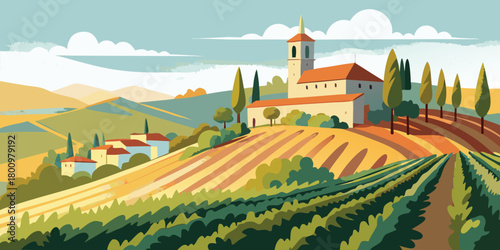 Tuscany landscape vector illustration italian countryside scenery backgrounds and wallpaper graphic design
