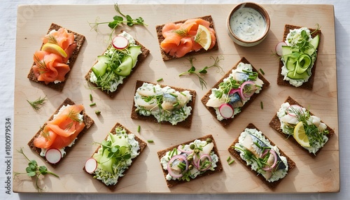 Delicious open-faced crispbread sandwiches with smoked salmon, fresh vegetables, and pickled herring, beautifully arranged as a healthy appetizer