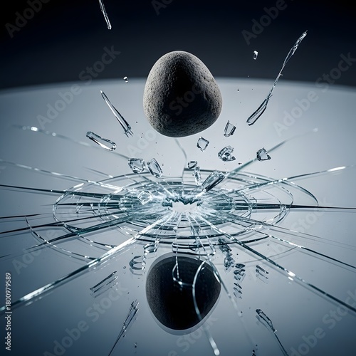 A stone colliding with a glass surface, causing a dramatic splash and shattered glass fragments in mid-air with a dark background and reflective surface