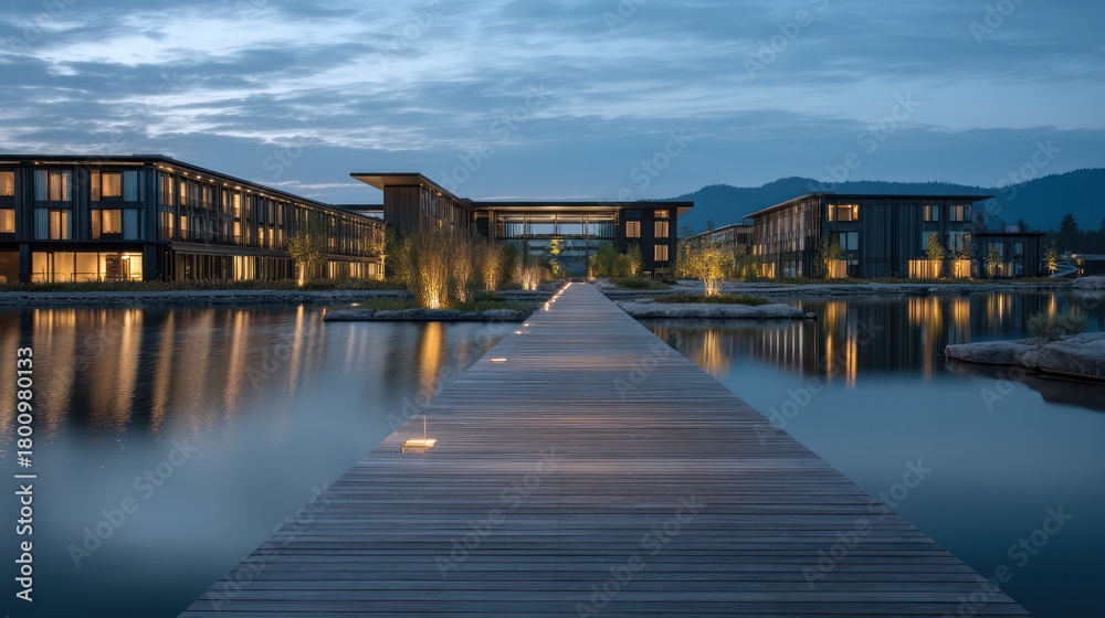 Obraz premium A modern hotel on a lakefront with a floating dock extending the building illuminated by soft natural light