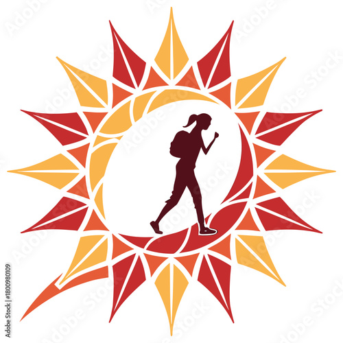 Silhouette of a woman hiking in the sun isolated on