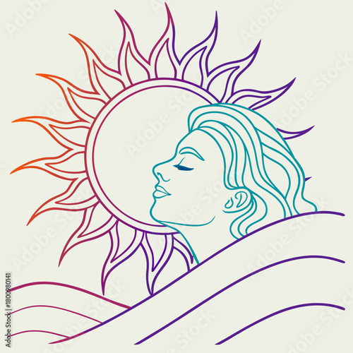 Woman with closed eyes and sun isolated on is a vector art