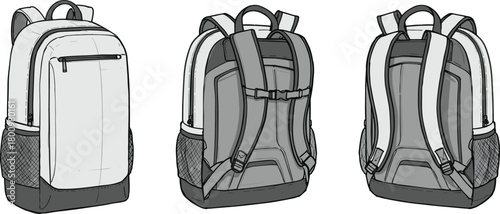 Backpack technical design template, detailed front and back perspective views, modern outdoor travel bag construction sketch, product gear outline, cad drawing flat vector illustration