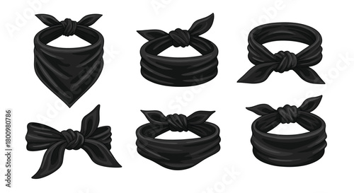 A collection of six distinct black bandana styles, showcasing various ways to tie and wear this versatile fashion accessory for different looks.