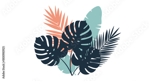 Abstract illustration of tropical jungle leaves featuring monstera and palm fronds in a stylish, modern design with a summer vibe.