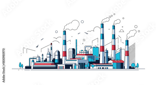 A modern stylized illustration of a large industrial factory complex with multiple buildings and smoking chimneys, representing industry and pollution.