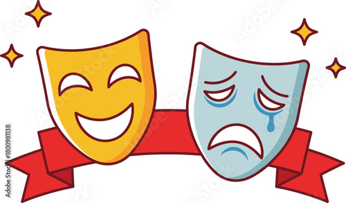 Cartoon Comedy and Tragedy Drama Masks with Red Ribbon Banner and Sparkles Vector Illustration.