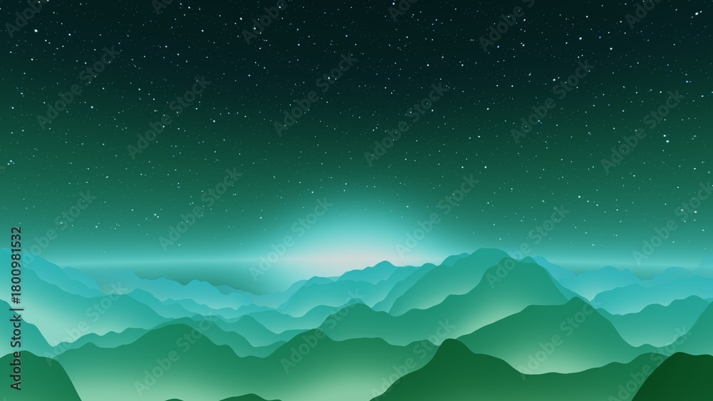 Fototapeta premium Dreamy abstract landscape with soft layered mountain silhouettes in turquoise teal gradient and atmospheric fog under starry night sky background