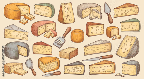 An engraved illustration featuring a diverse array of cheese types, including rounds, wedges, and blocks, alongside cheese-serving tools, all on a light beige backdrop.