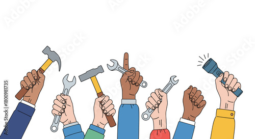 Diverse hands holding various tools and making a fist, symbolizing labor, unity, and teamwork against a white background.