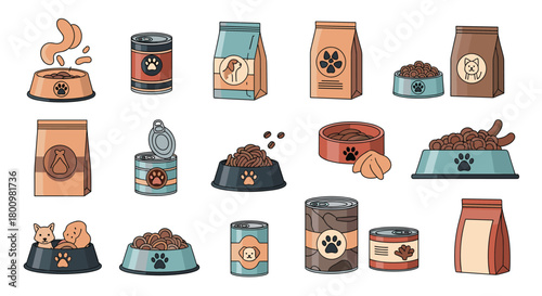 Cartoon collection of diverse pet food and supplies featuring dry kibble, wet food, treats, and bowls for cats and dogs.