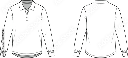 Long sleeve polo shirt technical fashion template, detailed apparel outline front and back view, garment design sketch, cad drawing flat vector illustration