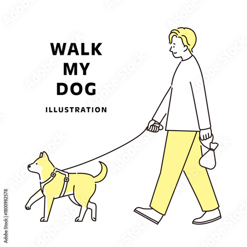 散歩をしてる犬と男性のイラスト