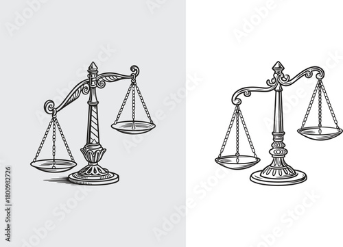 Vintage Engraved Scales of Justice Vector: Hand Drawn Antique Balance Icon for Law, Equity, and Measurement