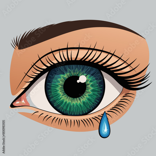 Close-up of a Crying Eye with a Tear Drop.