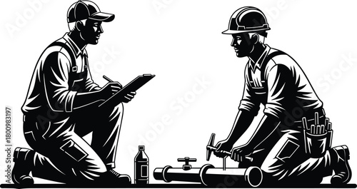 Black silhouette of two workers performing plumbing tasks with tools, clipboard, and pipe assembly in construction setting