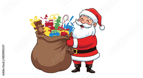 Cheerful Santa Claus with a sack full of colorful toys for Christmas delivery, spreading joy and magic this holiday season, a classic Christmas icon