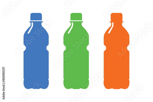 Arrange colored water bottles. Flat vector icon. Blue, green, and orange plastic bottles.

