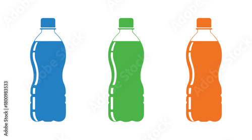 Organize water bottles by color. Vector icon in flat style. Plastic bottles in blue, green, and orange.

