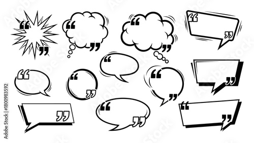 Set of Various Speech Bubbles and Quote Marks in Black and White for Design and Message Boards